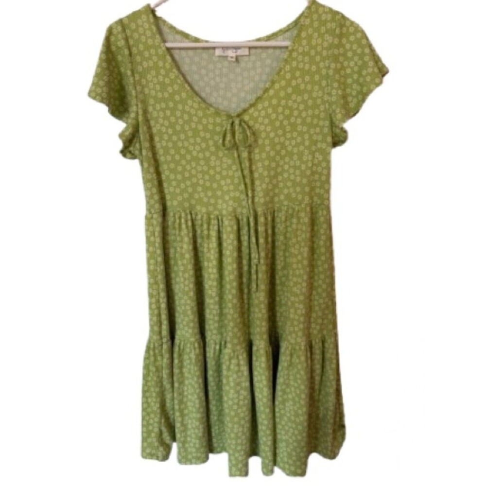 Jessica Simpson Women’s Ditsy Floral Lime Green Tiered Mini Dress Size M